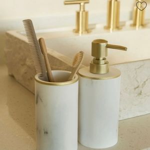 Sunday Citizen Resin Marble Bathroom Soap Dispenser and Toothbrush Cup NIB